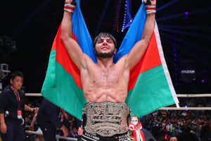 Tofiq Musaev celebrates winning the Rizin lightweight Grand Prix at Rizin 20 at the Saitama Super Arena in Tokyo