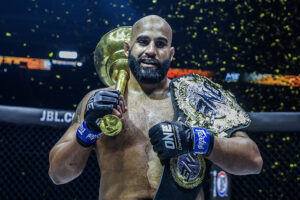 Arjan Bhullar celebrates after beating Brandon Vera in a heavyweight title fight at ONE: 'Dangal' in Singapore