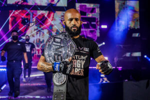 Demetrious Johnson walks out ahead of his mixed rules fight with Rodtang Jitmuangnon at ONE: 'X' at the Singapore Indoor Stadium